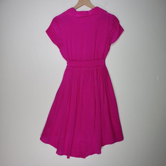 Amanda Uprichard Silk Button Front High Low Dress S Hot Pink Short Sleeve Belted - Picture 8 of 8